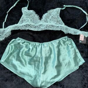 Mint Lace Bralette and Satin Shorts Set